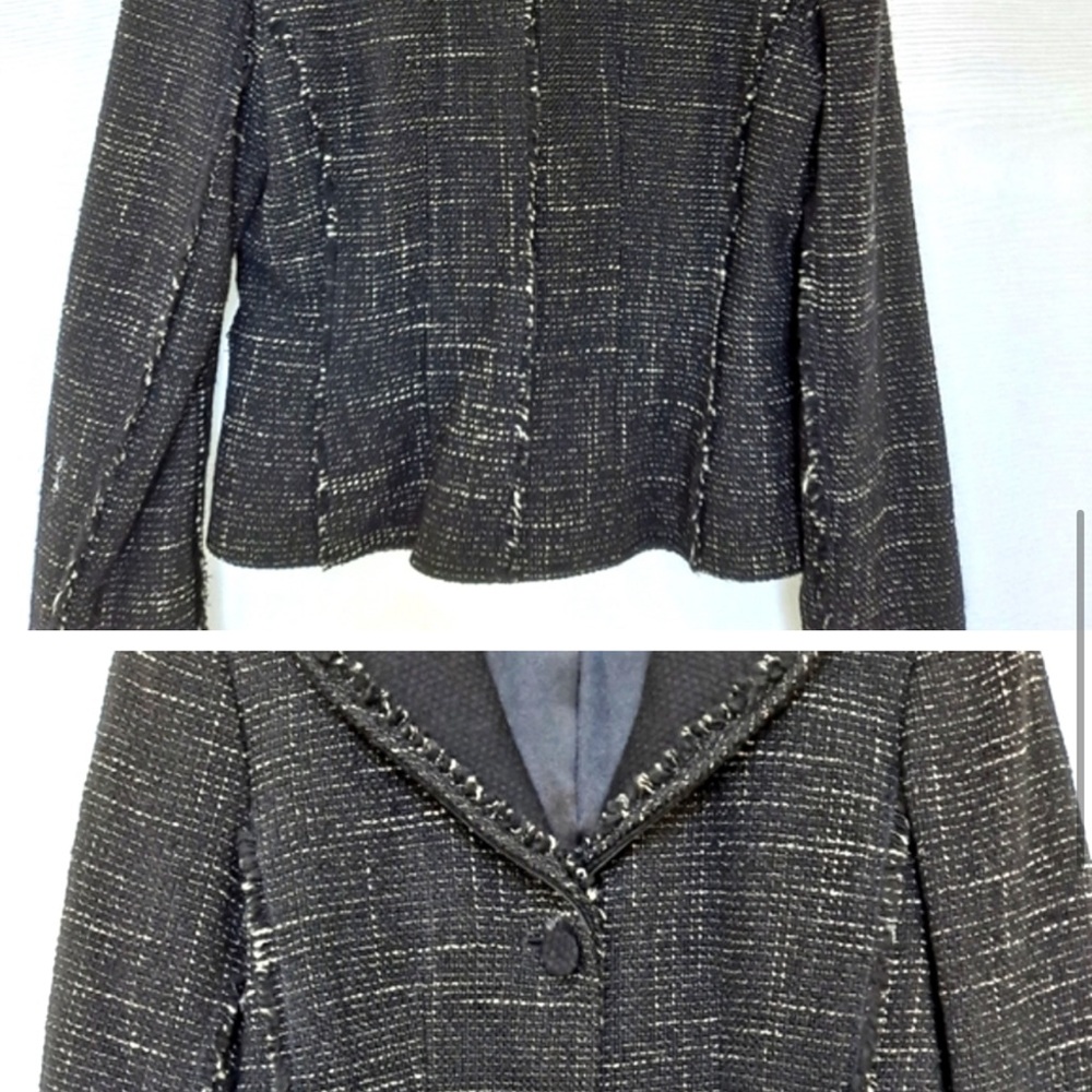 Ann Taylor Black Tweed Wool Blend Fringe Trim Cropped Blazer Jacket sz 4 - Picture 6 of 8